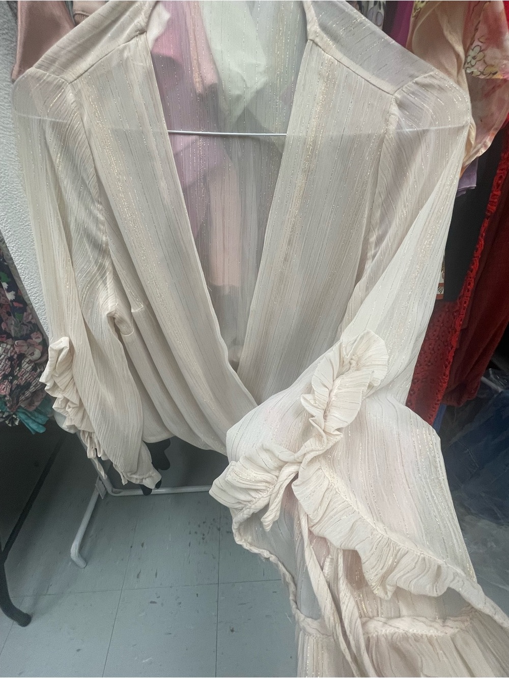 Women's Ivory Ruffle Wrap Blouse with Metallic Stripe